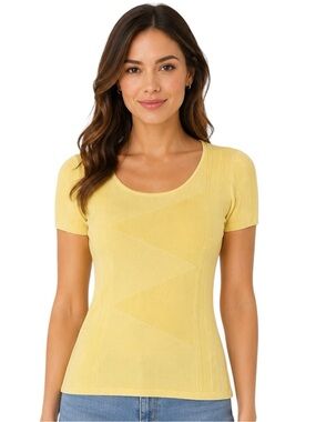 Tracy M Yellow Silk Blend Knit Top Short Sleeve Ribbed Blouse Size M
